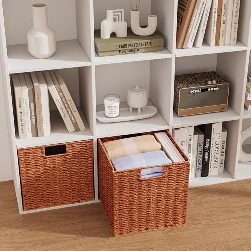 Vagusicc Wicker Storage Basket, Set of 2 Hand-Woven Paper Rope Wicker Baskets, Foldable Cube Storage Bins, 11 inch Stora