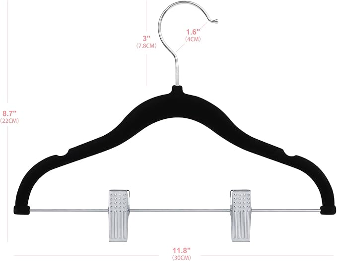 ManGotree 11.8'' Baby Velvet Hangers with Movable Clips, Non-Slip Kids Clothes Hangers, Ultra-Thin Space-Saving Children's Felt Hangers for Shirts, Pants, Dresses, Skirts, Jackets (16 Pack, Black)