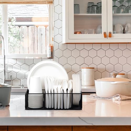 Paper Plate Organizer for Countertop, Metal Silverware Caddy for Cup, Napkin, Fork, Spoon, Paper Plate and Utensil Holde