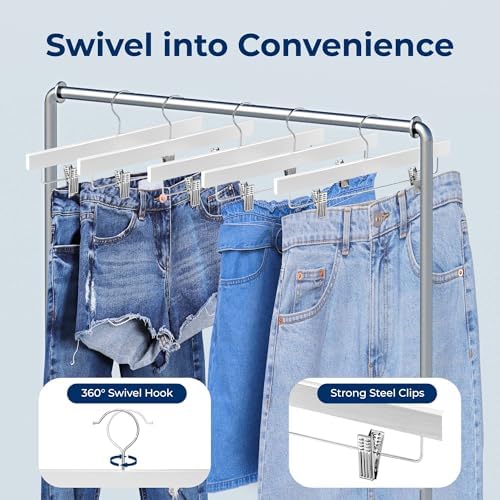 SereneLife Premium Wooden Pants Hangers 20 Pack, Solid 14" Wood Skirt Hangers with 2-Adjustable Clips, Heavy Duty & Anti Slip Wood Bottom Hanger for Slacks, Jeans, Trousers, Shorts (White)