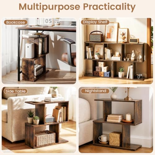 GIANTEX 3-Tier Geometric Bookshelf Set of 2, Wood S-Shape Bookcase, Brown