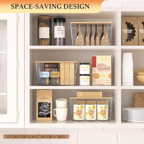 CiWiVOKi 6 Pack Clear Stackable Storage Bins with Bamboo Lids, Trash Bag Holder Dispenser Under Sink Organizer for 4-13 
