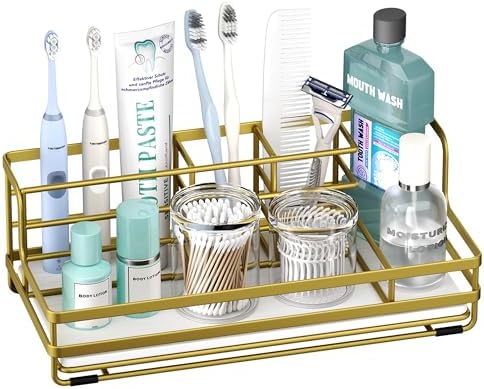HapiRm Toothbrush Holders for Bathroom - 5 Partitions Bathroom Counter Organizer with Instant Drying Stone, Stainless St