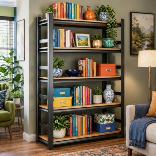 Metal Bookshelf, 5 Tier Adjustable Bookcase with MDF Shelf and Guard Rails