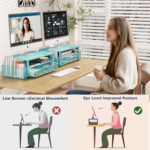 OPNICE Desk Organizer and Accessories, 2-Tier Computer Monitor Stand Riser with Drawer and 2 Pen Holders, Laptop Stand, 