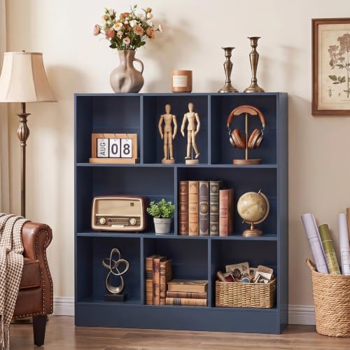 YAHARBO 3 Tier 8 Cube Horizontal Bookshelf,Low Bookcase - Sleves,Dark Blue