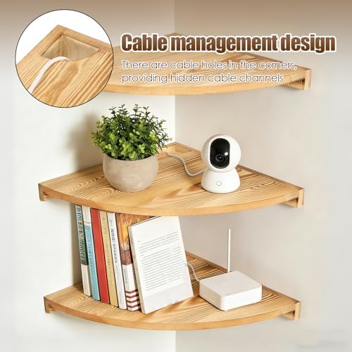Corner Shelf Wall Mount, Set of 3 Floating Corner Shelf with Cord Hole 3 Tier Wood Wall Display Rack Storage for Bathroo