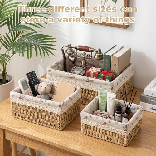 Wicker Storage Baskets, Handwoven Paper Rope Organizer Bins with Removable Floral Liner, Large for Bathroom, Pantry, She