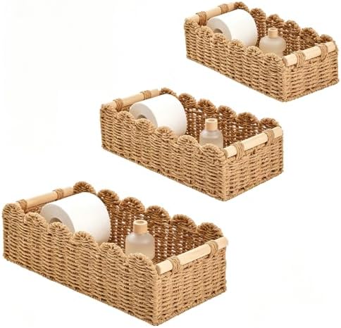 Toilet Paper Basket Set of 3, Wicker Decorative Basket for Shelves, Neutral