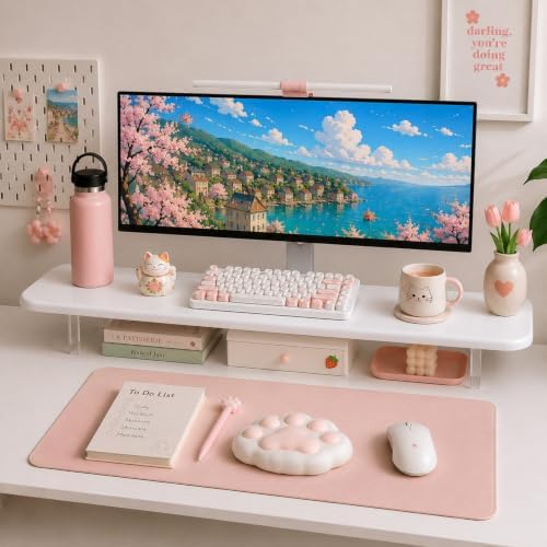 Bamboo Monitor Riser, Wide Desktop Monitor Stand for Desk with Clear Acrylic Legs, 31.5 x 8 inch Bamboo Wood Shelf, Fit 