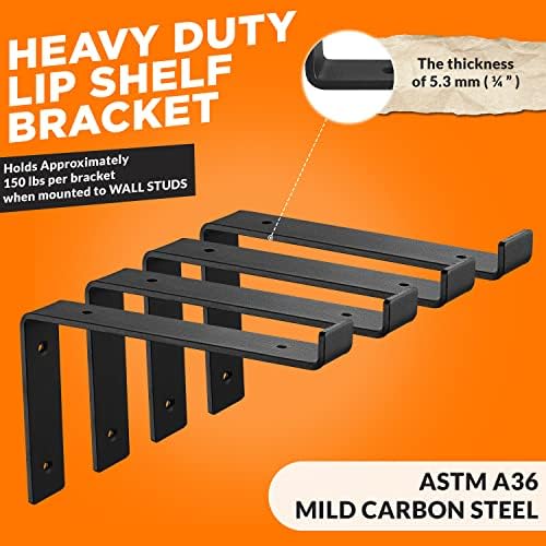 BATODA 10” Shelf Brackets with Lip (Match 9.25" Board) - 6 Pcs Z Shelf Bracket Black - Heavy Duty Hook Brackets for Shel