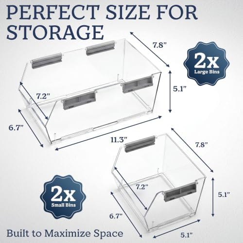 HOMESTEAD Set of 4 Stackable Storage Bins, 2 Large + 2 Small Clear Plastic Organizer Bins, Open Front Design for Kitchen