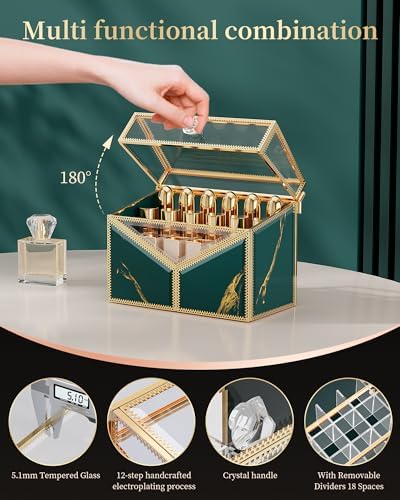 CoralHouse Glass Lipstick Organizer with Lid, 18-Slot Vanity Holder, Green