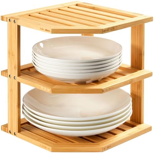 Umilife Plate Organizer for Cabinet, Extra Tall Bamboo Corner Shelf, Dish & Bread Organizer, Spice Rack, Kitchen Bathroo