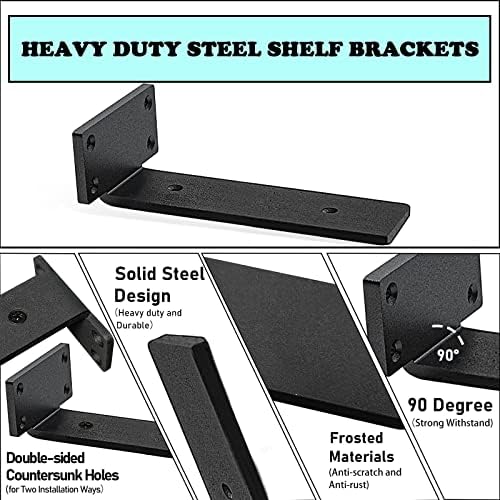 Heavy Duty Floating Shelf Brackets - 1/5 Inch Thick Industrial Black Metal L Brackets, Premium Solid Steel Shelf Support