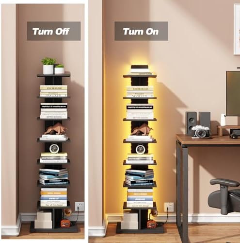 TUTOTAK Book Shelf, Narrow Spine Bookshelf, 8-Tier Bookcase with LED Lights
