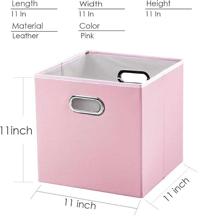 PRANDOM Leather Foldable Cube Storage Bins 11x11 inch [4-Pack] Fabric Storage Baskets Cubes Drawer with Cotton Handles Organizer for Shelves Nursery Closet Bedroom Clothes Pink