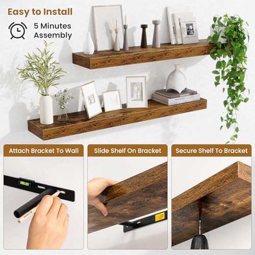 Fun Memories Floating Shelves for Room Wall, 36 Inch Long Shelf Set of 2， Hanging Wood Shelves for Storage & Display, Ru
