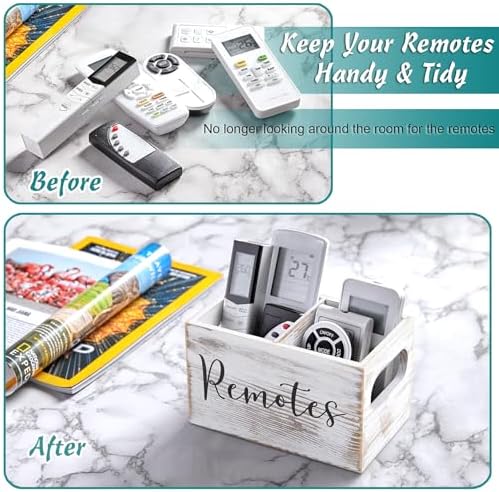 DRASTAR Remote Control Holder, Retro White TV Remote Holder, Remote Organizer Caddy for Table, Wooden Remote Box for Nightstand, Remote Caddy with 2 Slots