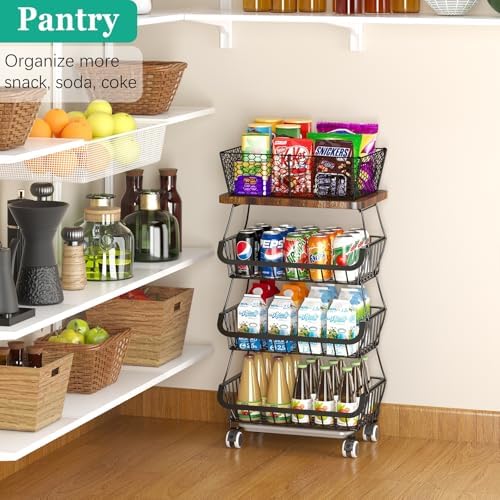 CHLORYARD Fruit Basket with Wooden Lid for Kitchen, 4-Tier Stackable Wire Fruit Vegetable Storage Basket Organizer Stand