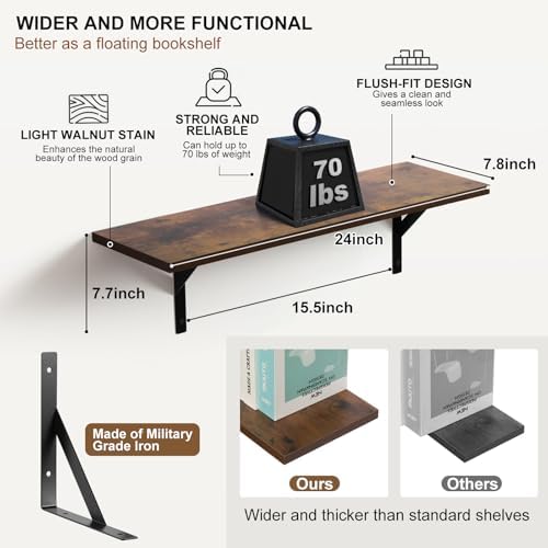 Tectocker-DOU 24" Long Floating Book Shelves for Wall, Heavy Duty, Brown