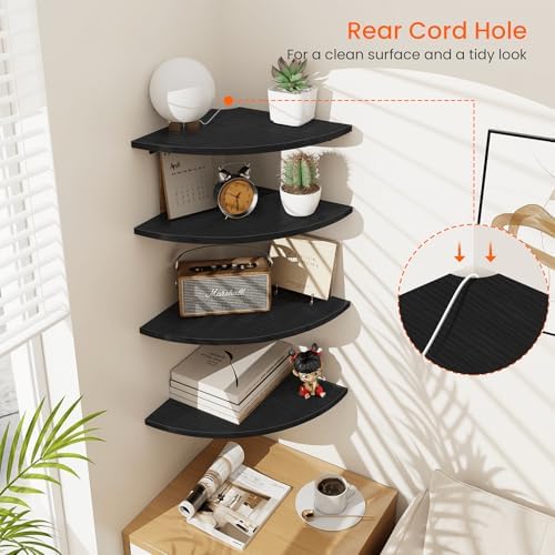Homode Corner Shelf Wall Mount, 4 Tier Rounded Corner Floating Shelves, 12 Inch Deep Hanging Corner Shelf Storage, Wood 