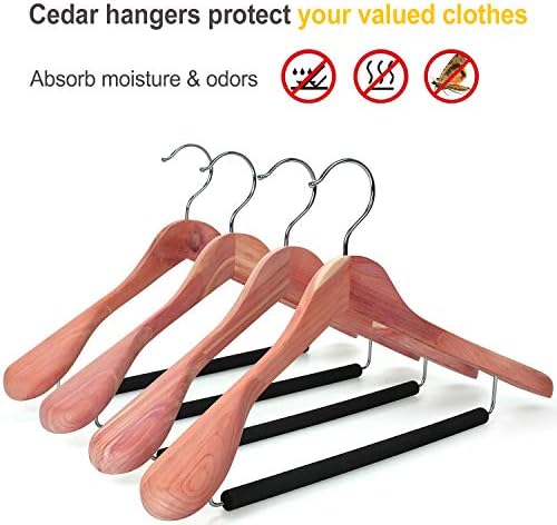 TOPIA HANGER Unfinished American Red Cedar Wood Coat Suit Hangers, Luxury Wooden Jacket Clothes Hangers, Wide Shoulder with Black Padded Pant Bar- 360°Flexible Hook, 4 Pack- Natural- CT07W