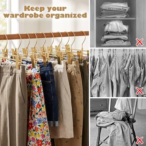9 Pack Pants Hangers with Clips, 12.2 Inch Slim Metal Clothes Hangers with 360° Swivel Hooks, Heavy Duty Space Saving Closet Hangers for Jeans, Slacks, Shorts (Gold)