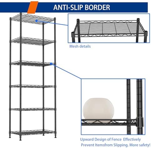 REGILLER 6 Wire Shelving Steel Storage Rack Adjustable Unit Shelves for Laundry Bathroom Kitchen Pantry Closet(Black,11.