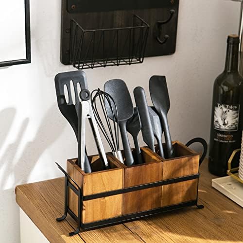 NelyBet Utensil Caddy Silverware Cutlery Holder with 3 Compartment, Wooden Utensil Crock Flatware Organizers with Metal 