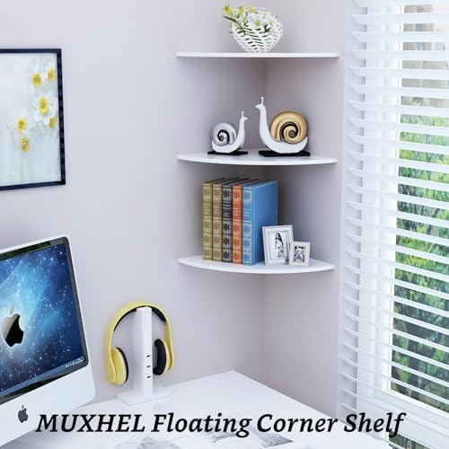 4 Pcs Floating Corner Shelf with Mounting Accessories, Wooden Round Corner Wall Shelves, Wall Mounted Corner Storage She
