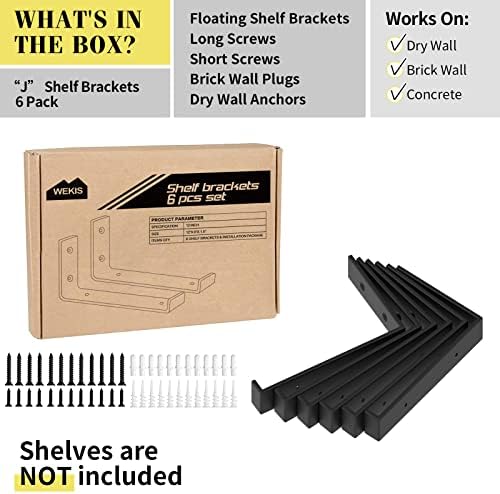 WEKIS 12 Inch Heavy Duty Floating Shelf Bracket, Wall Mounting Industrial Black Shelf Brackets, 1/5 Inch Thick Iron Meta