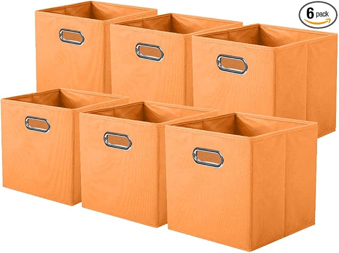 ShellKingdom Storage Bins, Foldable Fabric Storage Cubes And Cloth Storage Organizer Drawer with Metal Handle For Closet And Toys, 11 X 10.5 X 10.5 INCH, 6 Pack (Orange)