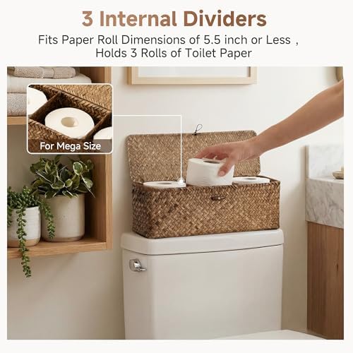 StorageWorks Wicker Basket with Lids, Large Toilet Paper Basket, Seagrass