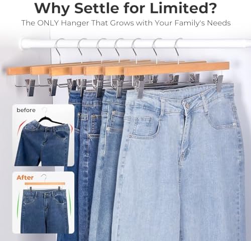 HOUSE DAY Wooden Pants Hangers with Clips, 100 Pack Skirt Hangers, Natural