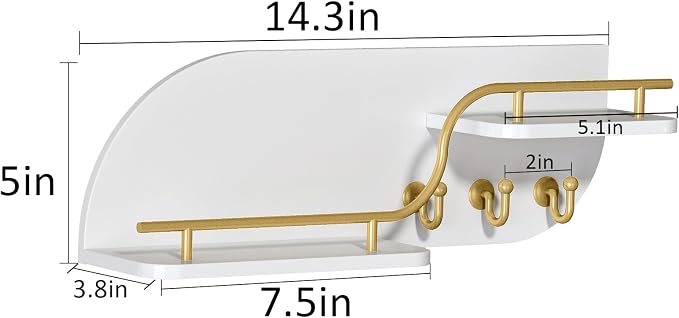 Key Holder for Wall, Decorative Key and Mail Organizer with 3 Metal Hooks and 2 Shelves, Wood Wall Mounted Key Rack for Entryway, White