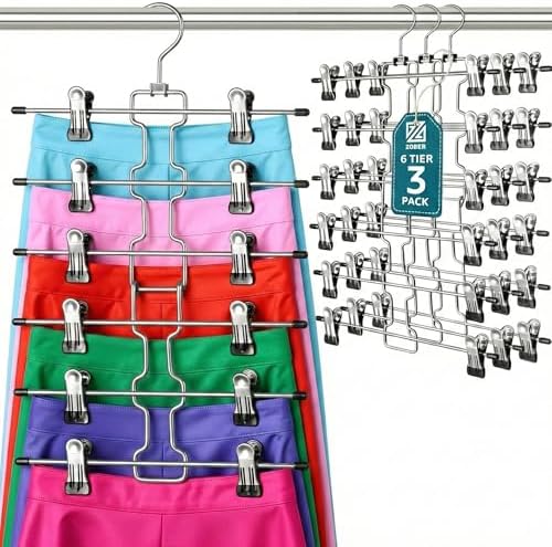 ZOBER 3-Pack 6-Tier Skirt Hangers with Clips, Clothes Hangers for Pants
