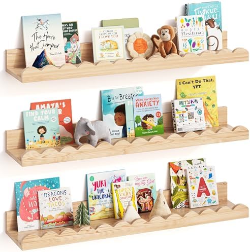 Nursery Book Shelves, Set of 3, Nursery Decor for Baby and Toddler, Scalloped Shelves, Book Shelf for Kids Rooms, Wall B