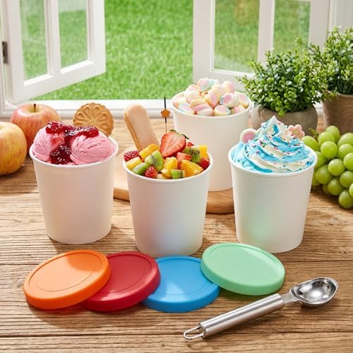 Peohud 4 Pack Ice Cream Containers, 1 Quart Freezer Storage Tubs with Silicone Lids and Spoon for Ice Cream, Sorbet and Gelato, Freezer Dishwasher Safe