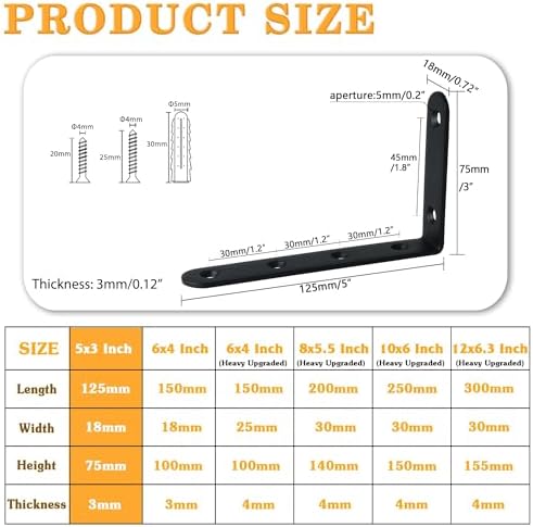 Alise 6Pcs Floating Shelf Brackets, Black Heavy Duty L Bracket for Shelves