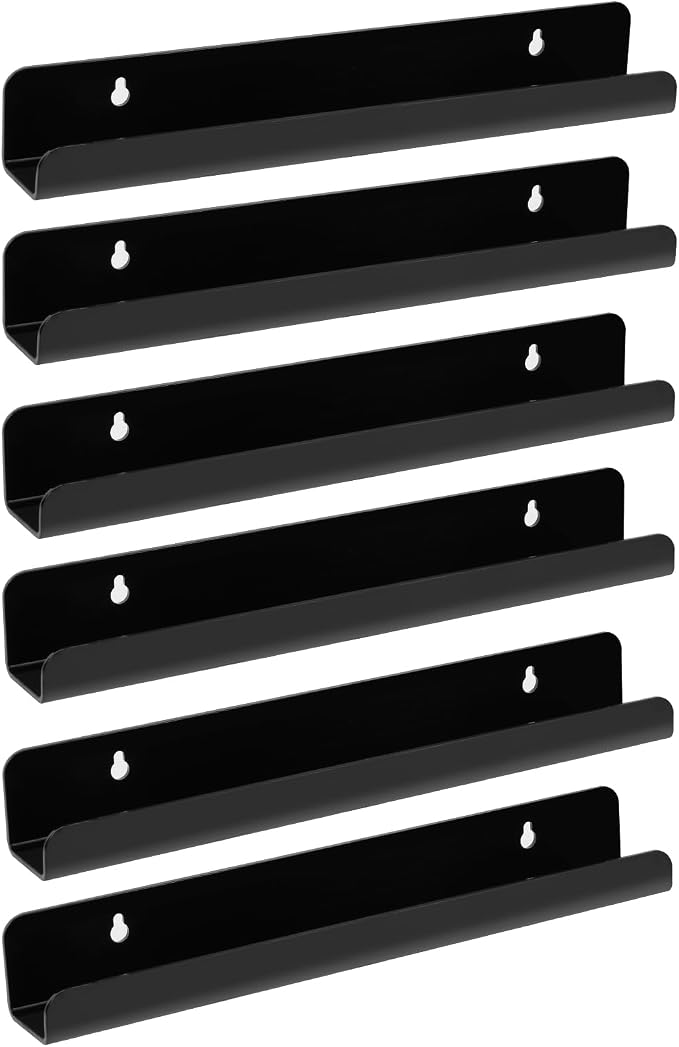 Meaocer Vinyl Record Shelf Wall Mount, 6 Pack 12 inch Black Acrylic Album Record Holder Display, Kids Bookshelf, Floating Wall Shelves for Bathroom, Bedroom, Living Room, Kitchen, Office