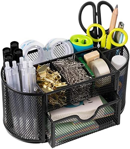 Desk Organizer, Office Supplies Pen Holder Organizers Multi-Functional Mesh Desk Organization Storage with 8 Compartments and 1 Drawer Stationery Caddy Oval for Office School Home Supply