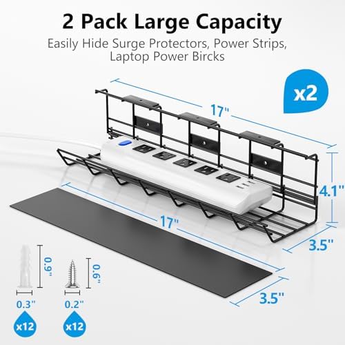 2 Pack DELAMU Under Desk Cable Management Tray, Metal Cord Cable Organizer for Desk, Easy Install Pre-drilled Wire Manag