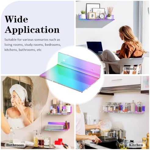 Sezanrpt 9 Inches Iridescent Floating Shelves Acrylic, White Wall Shelves for Living Room Décor, Bedroom, Bathroom, Kitchen, Dining Room, Brand Store, Retails, Gaming Room, 2 Pack