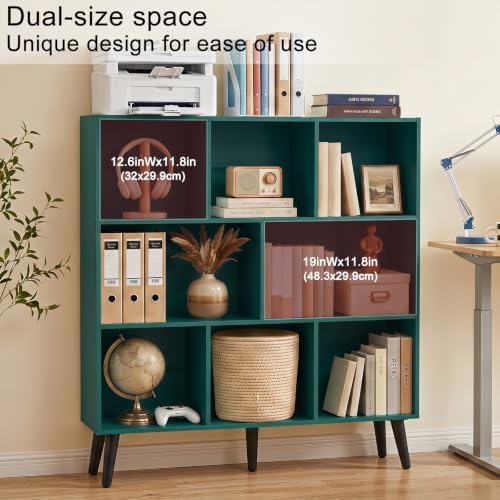 YAHARBO 8 Cube Bookshelf,3 Tier Bookcase with Legs,Dark Green Mid-Century Modern Bookshelves,Large Free Standing Open St