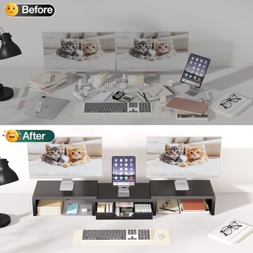 OPNICE Dual Computer Monitor Stand Riser, Desk Organizer with Drawer, Office Desk Accessories & Workspace Organizers for