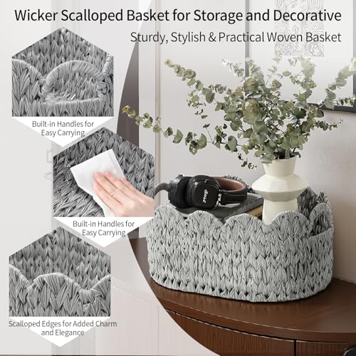 Coeusy Wicker Scalloped Basket Set of 2,Woven Storage Baskets for Shelves,Closet,Laundry,Gift,Towels,Books,Toys,Waterproof Cute Decor Basket for Organizing,Grey