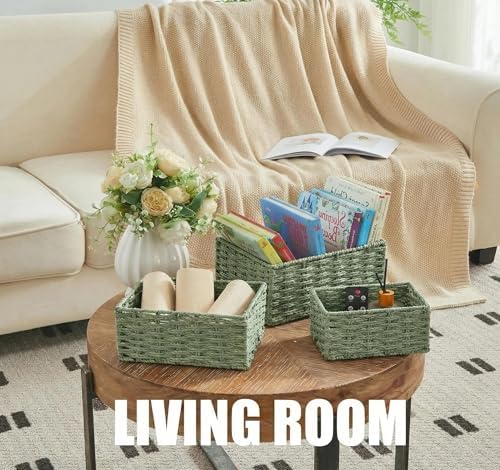Small Wicker Basket for Organizing, Woven Storage Basket Set of 3 - Handwoven Natural Paper Rope Baskets to Declutter An