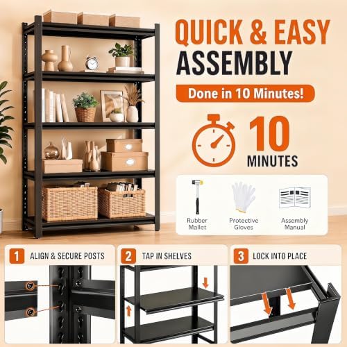 Black Metal Bookshelf 5 Tier Shelf, Heavy Duty Industrial Book Case Shelving Unit, Standing Storage Rack for Books Plant