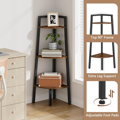 Hoctieon Corner Shelf, 3-Tier 40" Tall Corner Bookshelf, Rustic Ladder Shelf, Industrial Display Stand for Living Room, 